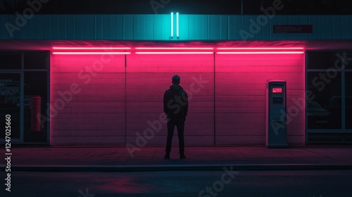 Neon lights illuminate empty urban street, lone figure photo