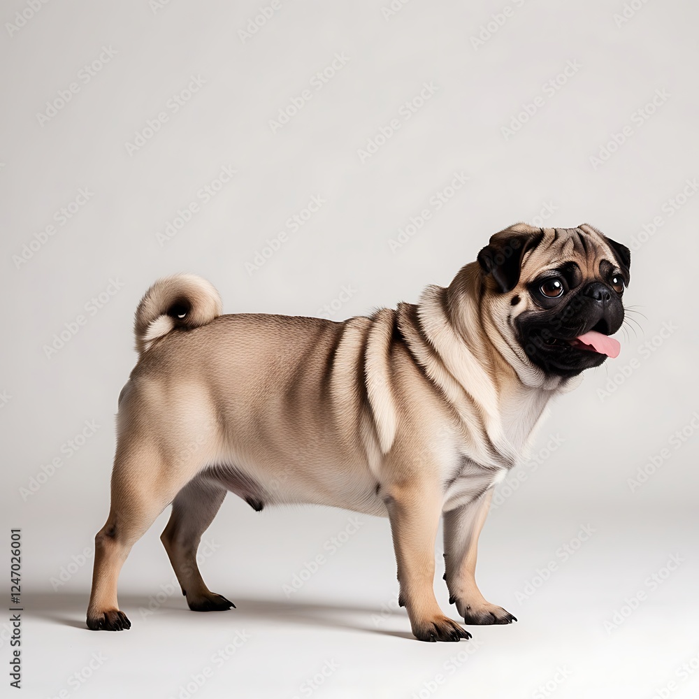 Obraz premium Pug Standing Gracefully: A captivating image of a pug standing, its compact form and expressive features showcased with charming elegance.
