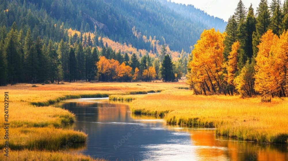 Obraz premium Autumn landscape with river and forest in vibrant colors