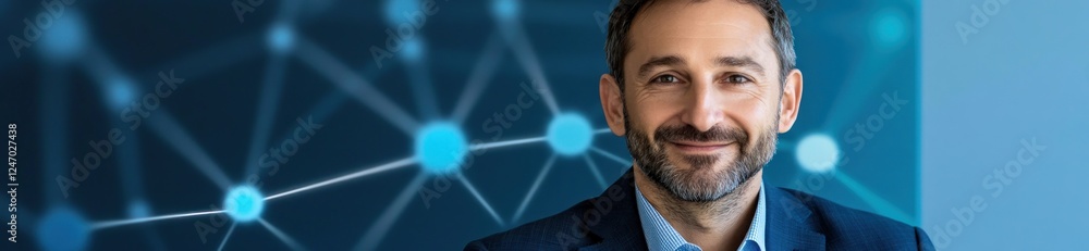 Fototapeta premium Smiling businessman portrait against a network graphic background.