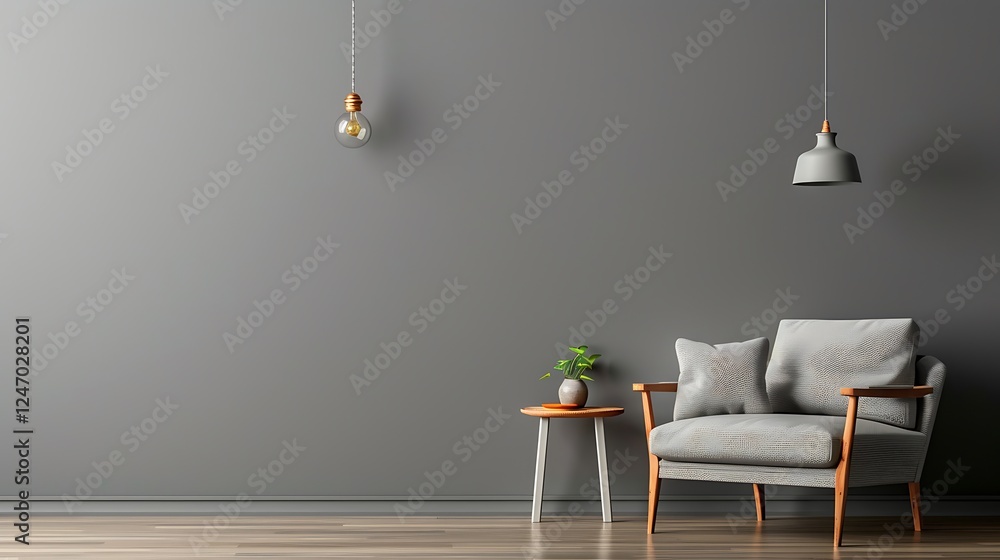 custom made wallpaper toronto digitalGray interior with armchair, side table, hanging lamp, and blank wall. Clean and minimalist design.
