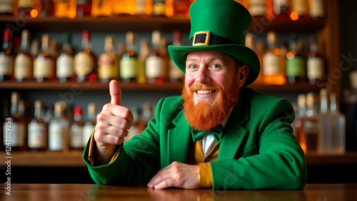 A man in a leprechaun costume sits at a bar giving a thumbs up. St. Patrick's Day.