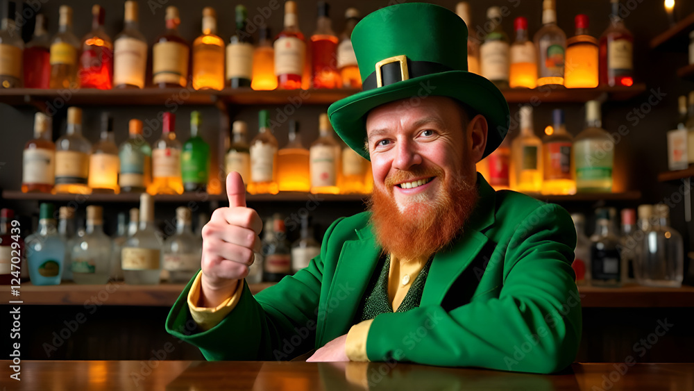 A man in a leprechaun costume sits at a bar giving a thumbs up. St. Patrick's Day.