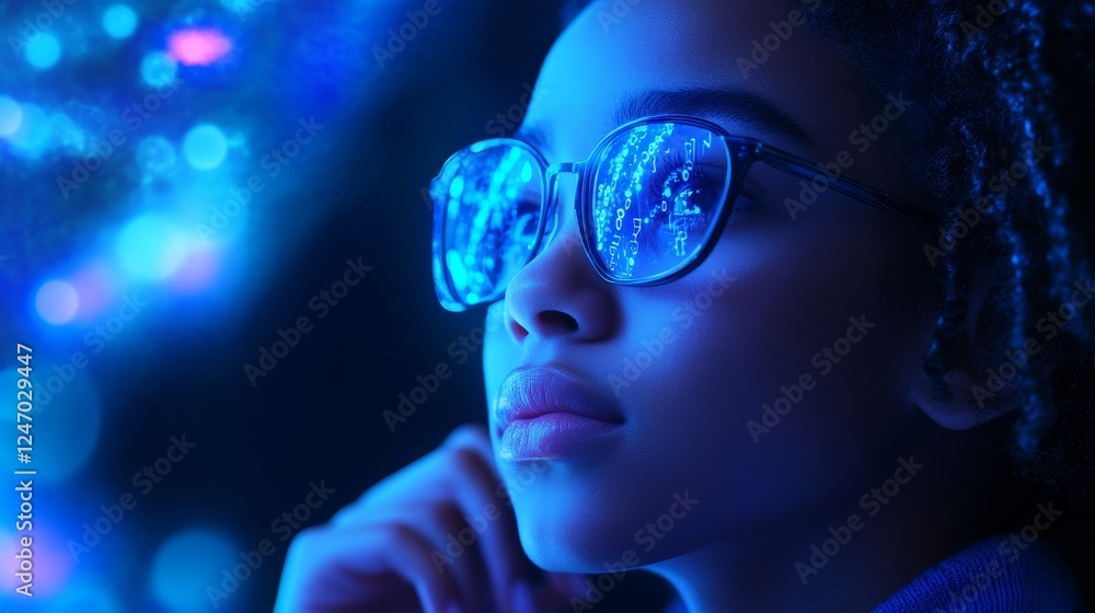Young woman gazing thoughtfully at a digital interface - A young woman with glasses is lost in thought, surrounded by colorful lights symbolizing creativity, imagination, innovation, technology Young woman gazing thoughtfully at a digital interface - A young woman with glasses is lost in thought, surrounded by colorful lights symbolizing creativity, imagination, innovation, technology