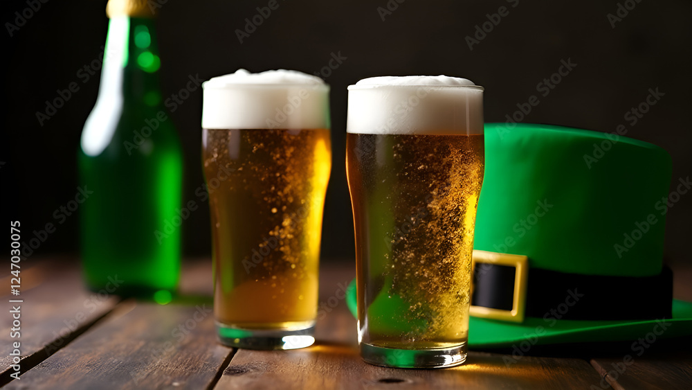 Two beer glasses and a green leprechaun hat on the table. St. Patrick's Day.