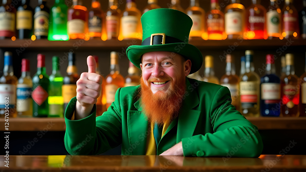 A man in a leprechaun costume sits at a bar giving a thumbs up. St. Patrick's Day.