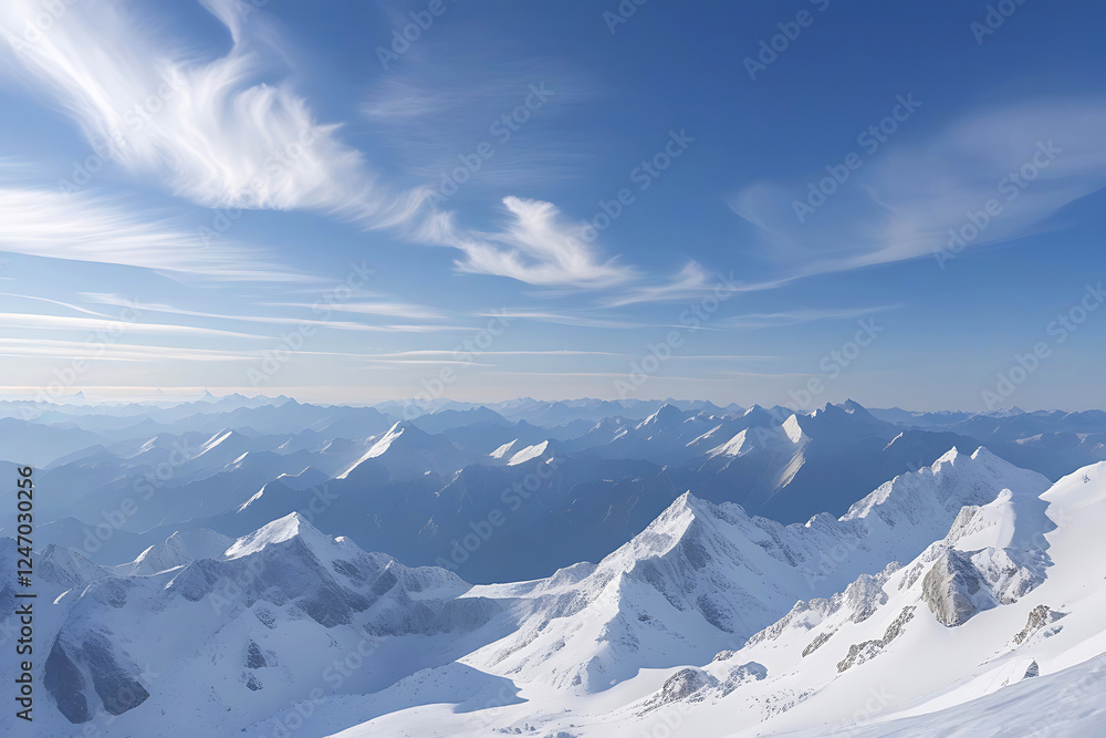 Obraz premium Snowy mountains under blue sky with white clouds. Caucasus Mountains, Georgia, region Gudauri. AI Generative