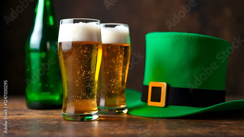 Obraz na płótnie Two beer glasses and a green leprechaun hat on the table. St. Patrick's Day. w salonie