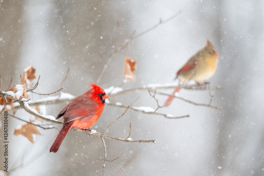 Male cardinal perched on branch with female in the background