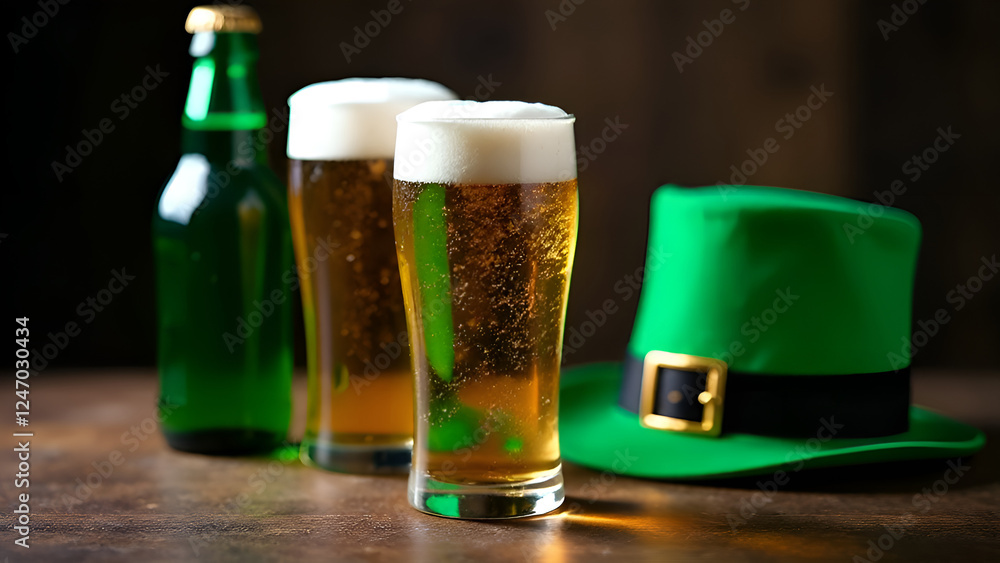 Two beer glasses and a green leprechaun hat on the table. St. Patrick's Day.