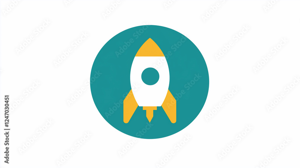 Minimalist Flat App Icon with Rocket Ship in Teal and Yellow on Pure White Background Minimalist Flat App Icon with Rocket Ship in Teal and Yellow on Pure White Background