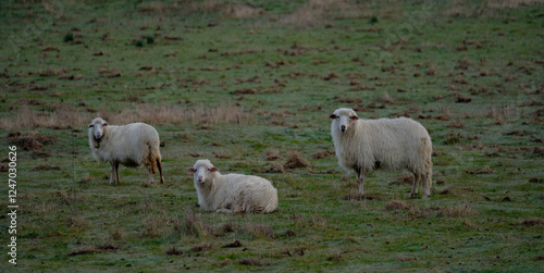 sardinian heep graze in a serene, grassy field, surrounded by patches of bare earth