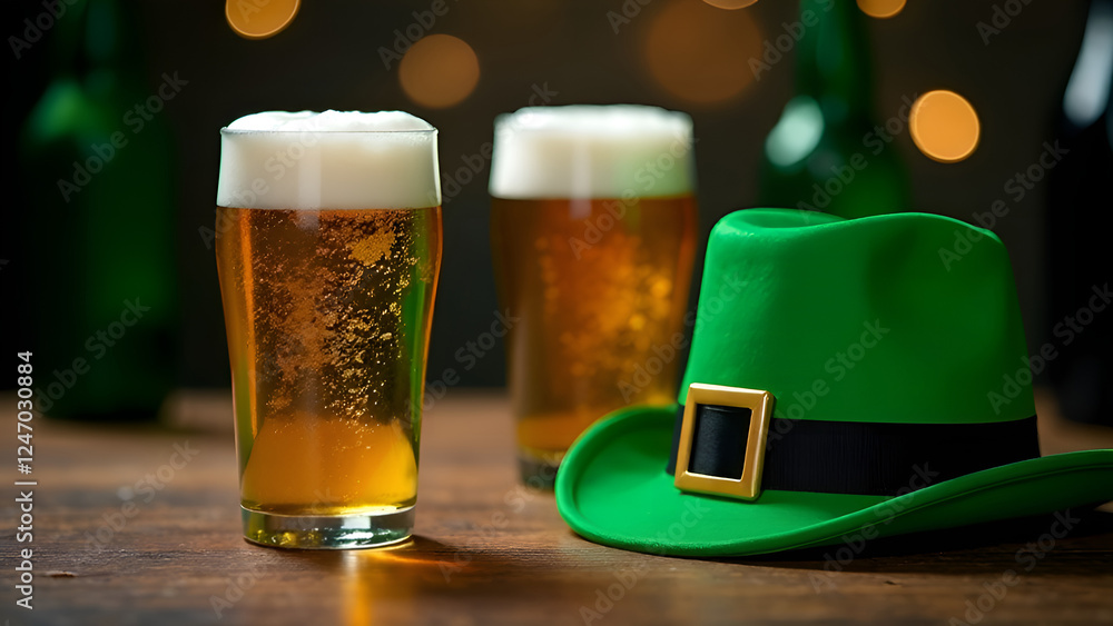 Two beer glasses and a green leprechaun hat on the table. St. Patrick's Day.