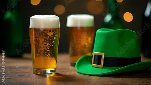 Obraz na płótnie Two beer glasses and a green leprechaun hat on the table. St. Patrick's Day. w salonie