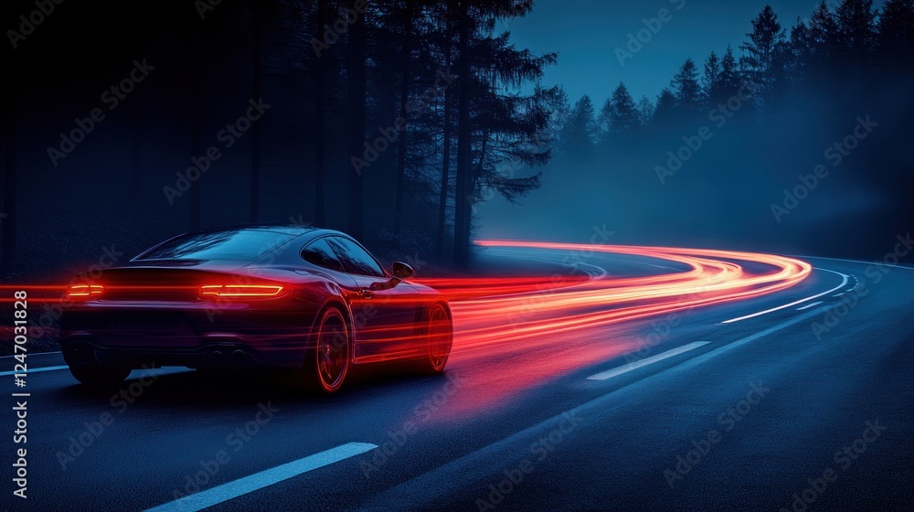 Naklejka premium Night Drive Sports car speeds on foggy forest road