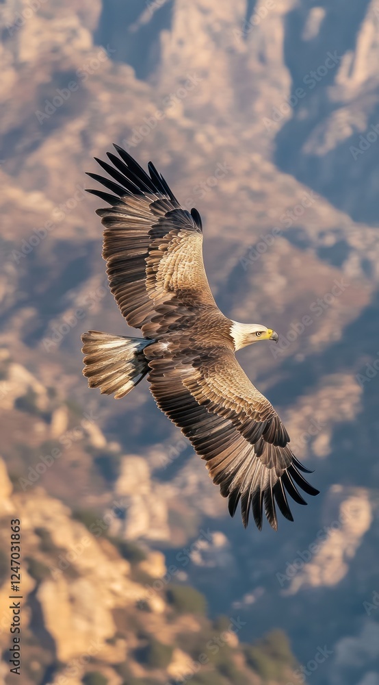 Obraz premium Majestic eagle in flight over mountainous terrain.