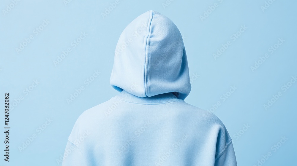 Rear view of a person wearing a light blue hoodie against a light blue background. (1) Rear view of a person wearing a light blue hoodie against a light blue background. (1)