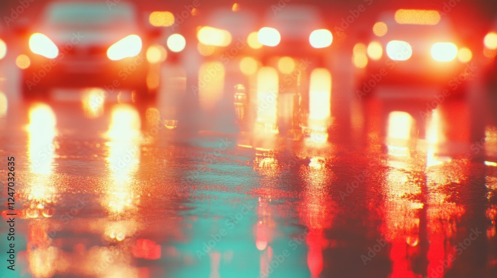 Blurry city lights reflecting on wet street in vibrant evening atmosphere Blurry city lights reflecting on wet street in vibrant evening atmosphere