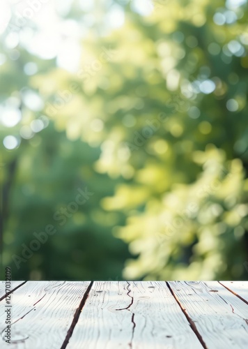 Empty white rustic wood table top with blur blue green tree boekh backgroundmock up template for display or montage of product or content use as banner in social media ads bokeh green bokeh green abst photo