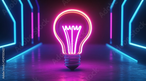 Vibrant Neon Light Bulb Glowing in an Abstract Space - A glowing neon bulb symbolizes creativity, innovation, inspiration, technology, and energy in a futuristic setting.