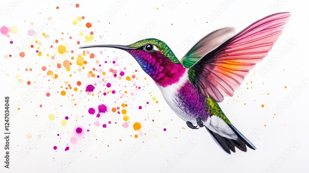 Obraz premium Vibrant Hummingbird in Mid Flight against Light Background - This artwork displays a colorful hummingbird in mid-flight, symbolizing freedom, nature, beauty, grace
