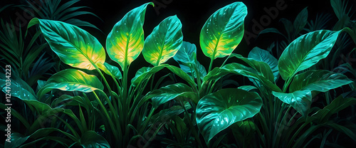 Wallpaper Mural Tropical Plants with Neon Highlights on a Dark Background Torontodigital.ca