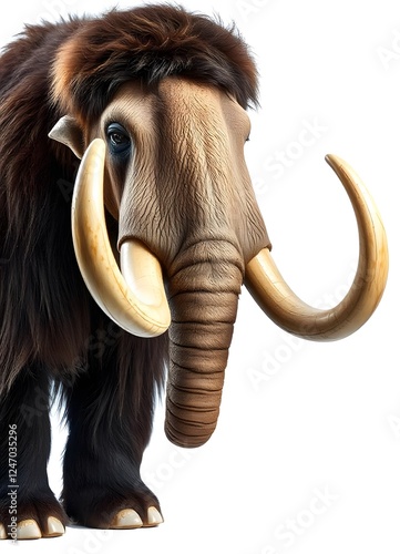 Woolly mammoth isolated on white background. Front view of extinct prehistoric mammal.