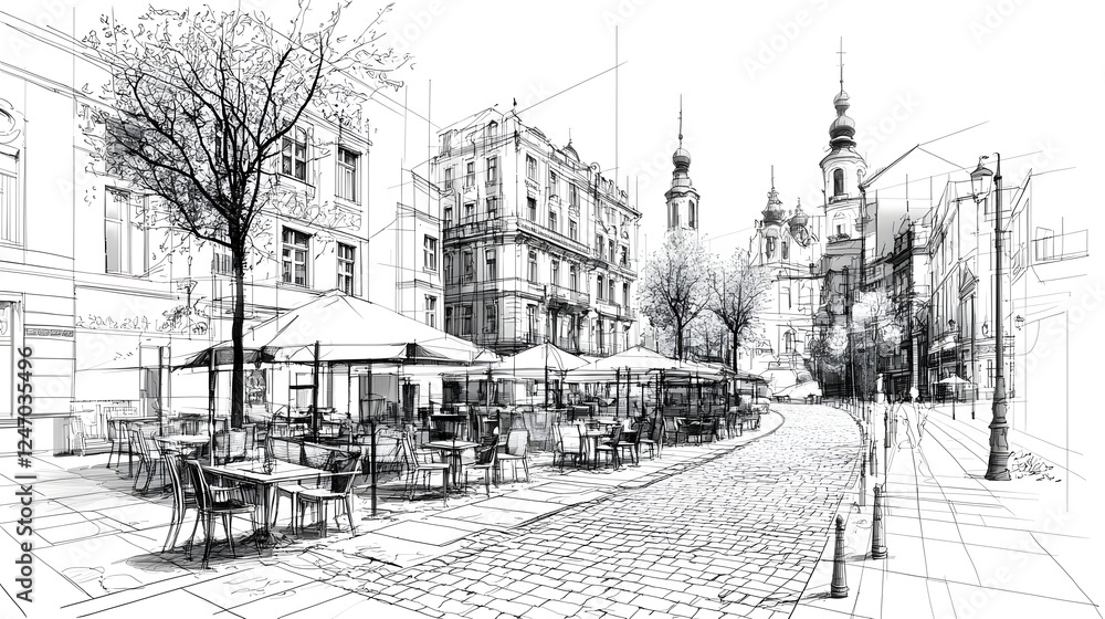 Fototapeta premium Detailed line drawing of a charming historic European style street with cobblestone roads sidewalk cafes and quaint architectural details