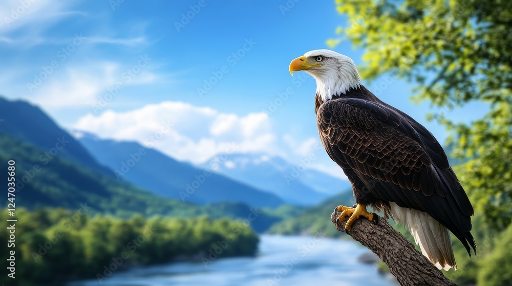 Fototapeta premium Majestic Bald Eagle Perched on a Branch Overlooking Scenic River Landscape - A majestic bald eagle stands proudly on a branch, symbolizing freedom, strength, nature, wildlife