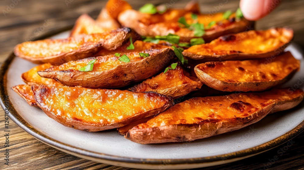 fryers make clean food cooking easy in the kitchen. Crispy roasted sweet potato wedges garnished with herbs. fryers make clean food cooking easy in the kitchen. Crispy roasted sweet potato wedges garnished with herbs.