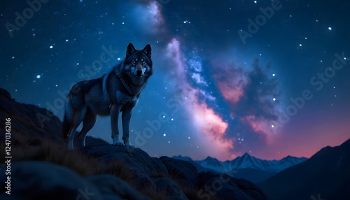 a lone wolf against the night sky showing the milky way in beautiful colors fantasy style
