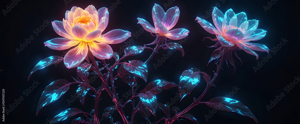 Obraz premium Glowing Flower and Bud with Neon Highlights in a Dark Setting