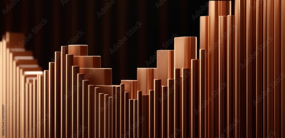 Fototapeta premium Abstract copper bars forming a wave-like graph.