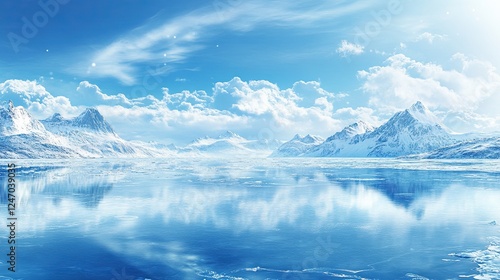 A mesmerizing panoramic shot captures snow-covered peaks enveloping a tranquil, partially frozen lake, its surface reflecting a clear blue sky and eliciting the calm of winter