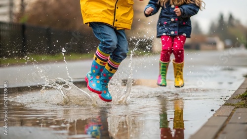 Children jumping in puddles with colorful rain boots.