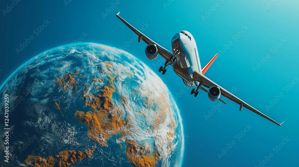 Naklejka premium Passenger Airplane Flying Over a Giant Earth globe in a Clear Blue Sky – Surreal Travel Concept