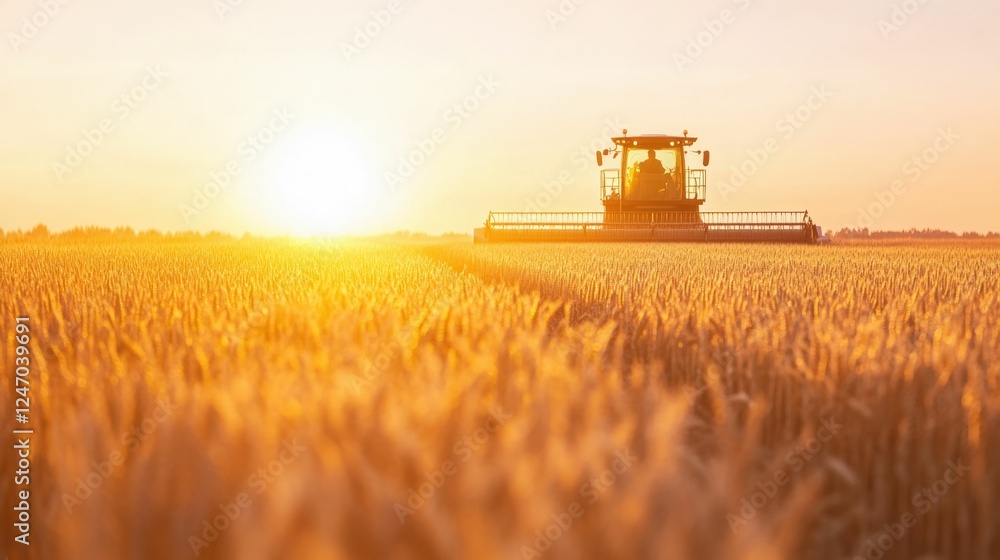 Fototapeta premium Golden wheat field at sunset with combine harvester for agricultural harvesting concepts