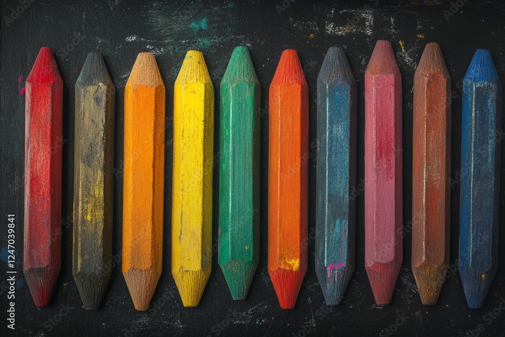 Colorful wax crayons arranged neatly on a dark background showcasing a vibrant spectrum of shades in a creative workspace