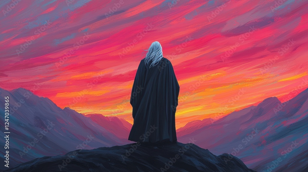 Mystical Figure on Mountain at Sunset with Colorful Sky Mystical Figure on Mountain at Sunset with Colorful Sky