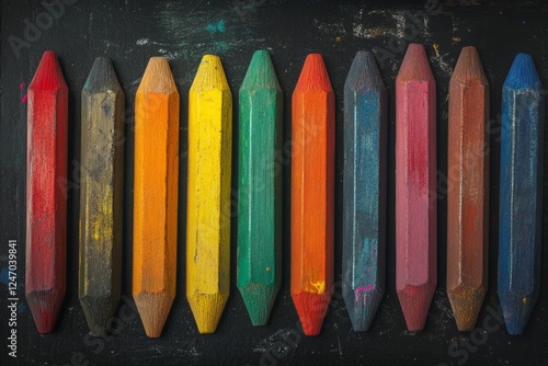 Obraz na płótnie Colorful wax crayons arranged neatly on a dark background showcasing a vibrant spectrum of shades in a creative workspace w salonie