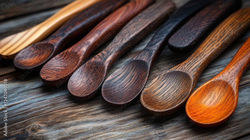 Collection of handmade wooden spoons, each with unique grain patterns, laid out on rustic wooden surface. Focus on simplicity elegance of each handcrafted piece, highlighting natural beauty of wood Collection of handmade wooden spoons, each with unique grain patterns, laid out on rustic wooden surface. Focus on simplicity elegance of each handcrafted piece, highlighting natural beauty of wood