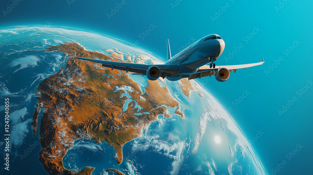 Fototapeta premium Passenger Airplane Flying Over a Giant Earth globe in a Clear Blue Sky – Surreal Travel Concept