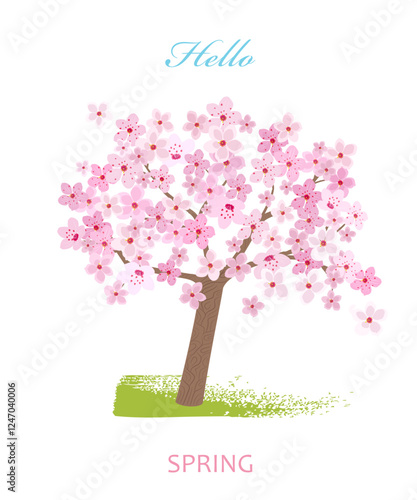 card with cherry blossom tree and flying pink flowers. hello spring