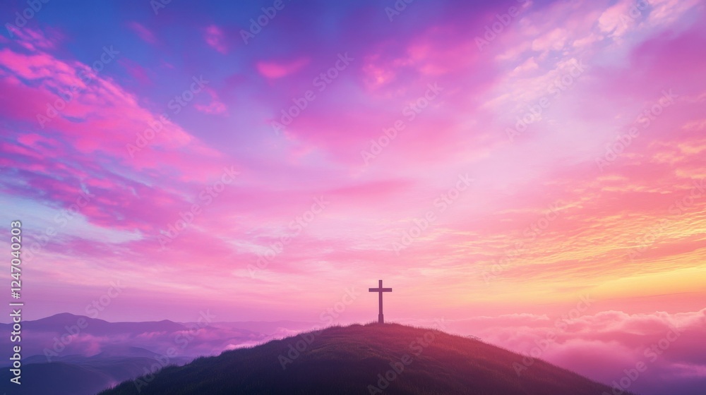 Tranquil sunrise over mountain with cross symbolizing peace and hope Tranquil sunrise over mountain with cross symbolizing peace and hope