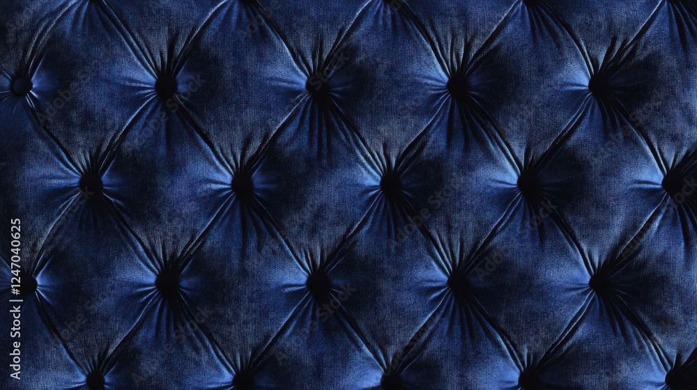 Fototapeta premium Close up of a sophisticated navy blue velvet fabric featuring an elegant, tufted diamond pattern.
