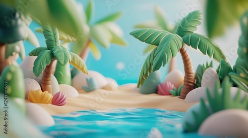 Idyllic cartoon beach scene with palm trees, sand, and ocean.