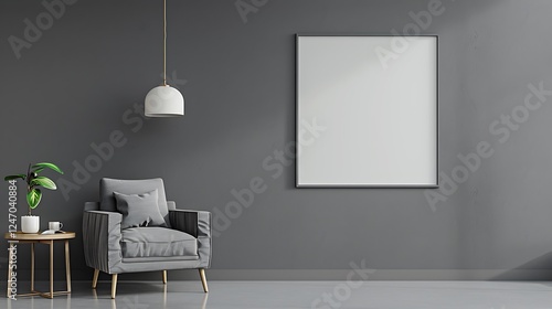 Wallpaper Mural Gray interior with armchair, side table, hanging lamp, and blank wall. Clean and minimalist design. Torontodigital.ca