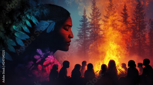 A Lenape storyteller seated by a roaring campfire at night, surrounded by children and adults listening intently, with shadows dancing on their faces as the firelight illuminates