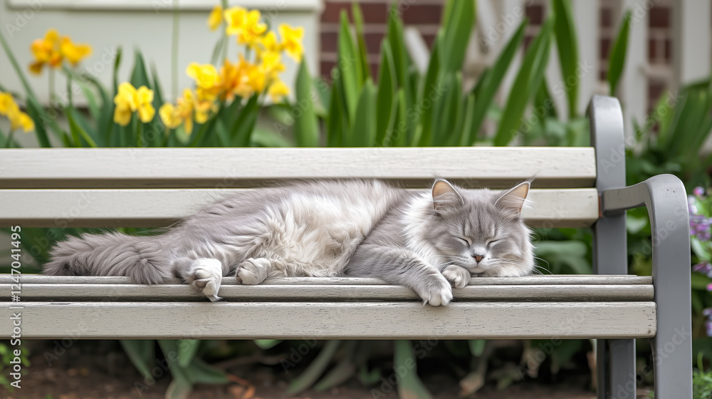 Obraz premium A fluffy gray cat peacefully sleeping on a park bench surrounded by vibrant yellow flowers and lush greenery.