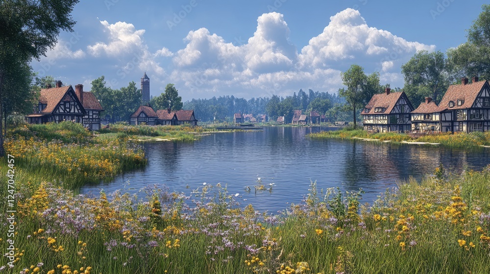 Fototapeta premium A serene landscape featuring a calm river bordered by flowers and quaint houses under a blue sky.